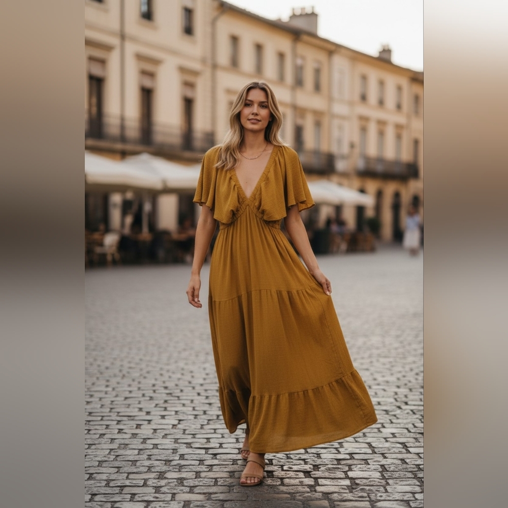 Sunnow Mustard Yellow Tiered Maxi Dress Backless Flutter Sleeves (032526A)